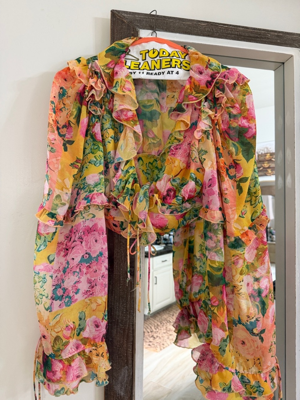 For Love & Lemons Yellow Floral Ruffle Tie-Front Blouse